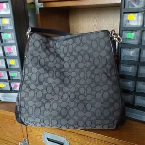 Coach Edie Grey And Black Signature Canvas & Leather Shoulder Bag EUC